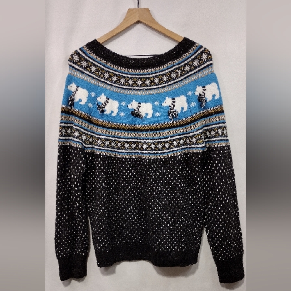 Holiday Time Polar Bear Sweater Womens L Black Blue Boho Retro Holiday Casual - Picture 5 of 8
